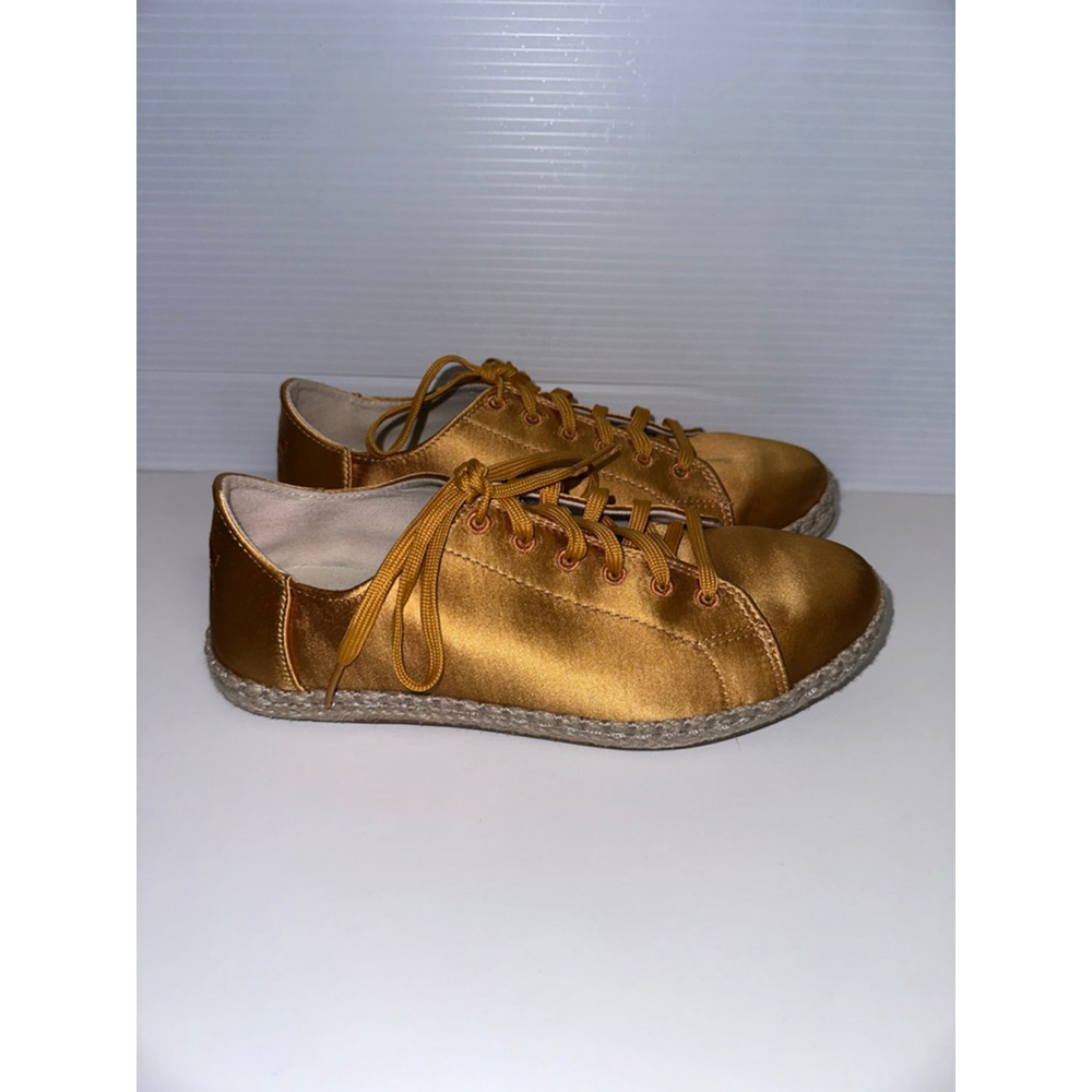 Women's TOMS Gold Satin Espadrille Sneakers US 7 with Beige Jute Sole - Picture 3 of 16